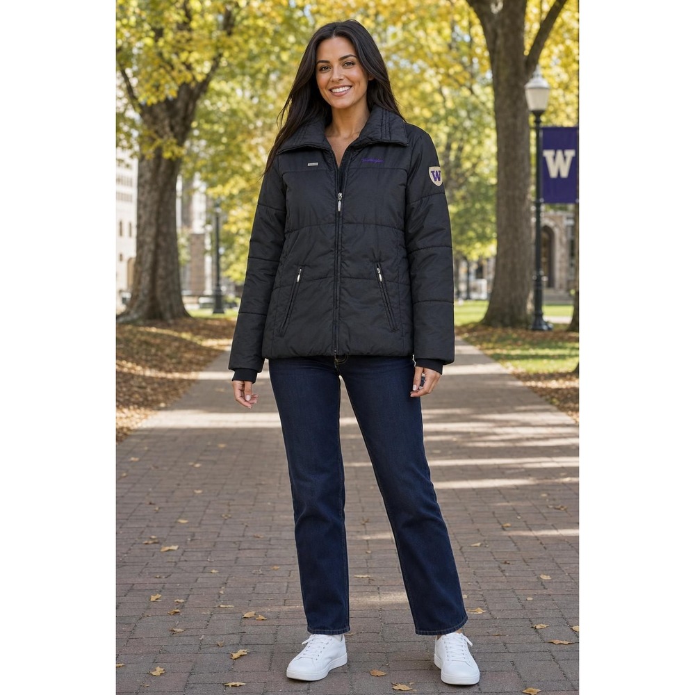 UW Washington Huskies Puffer Jacket Women's S Black Columbia Collegiate